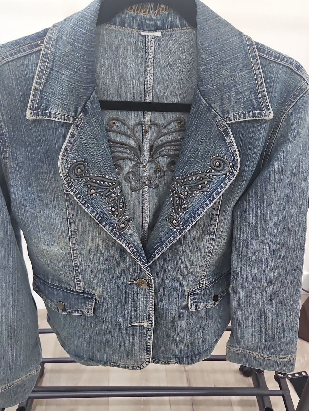 Embellished Denim Jacket with Studded Lapels - Blue